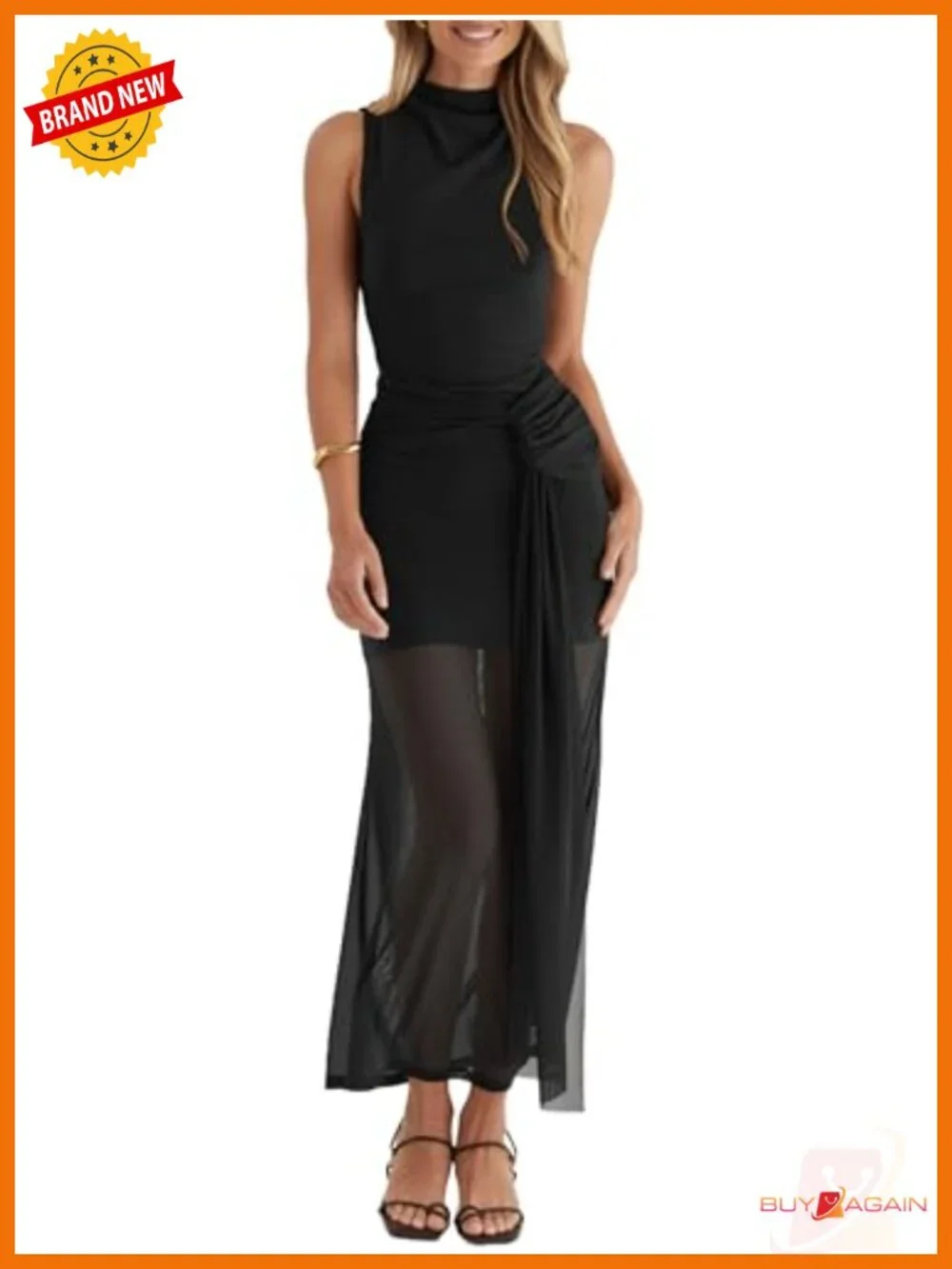 OWIN Women's Bodycon Maxi Dress Sleeveless Mock Neck Ruched Mesh Sheer Hem